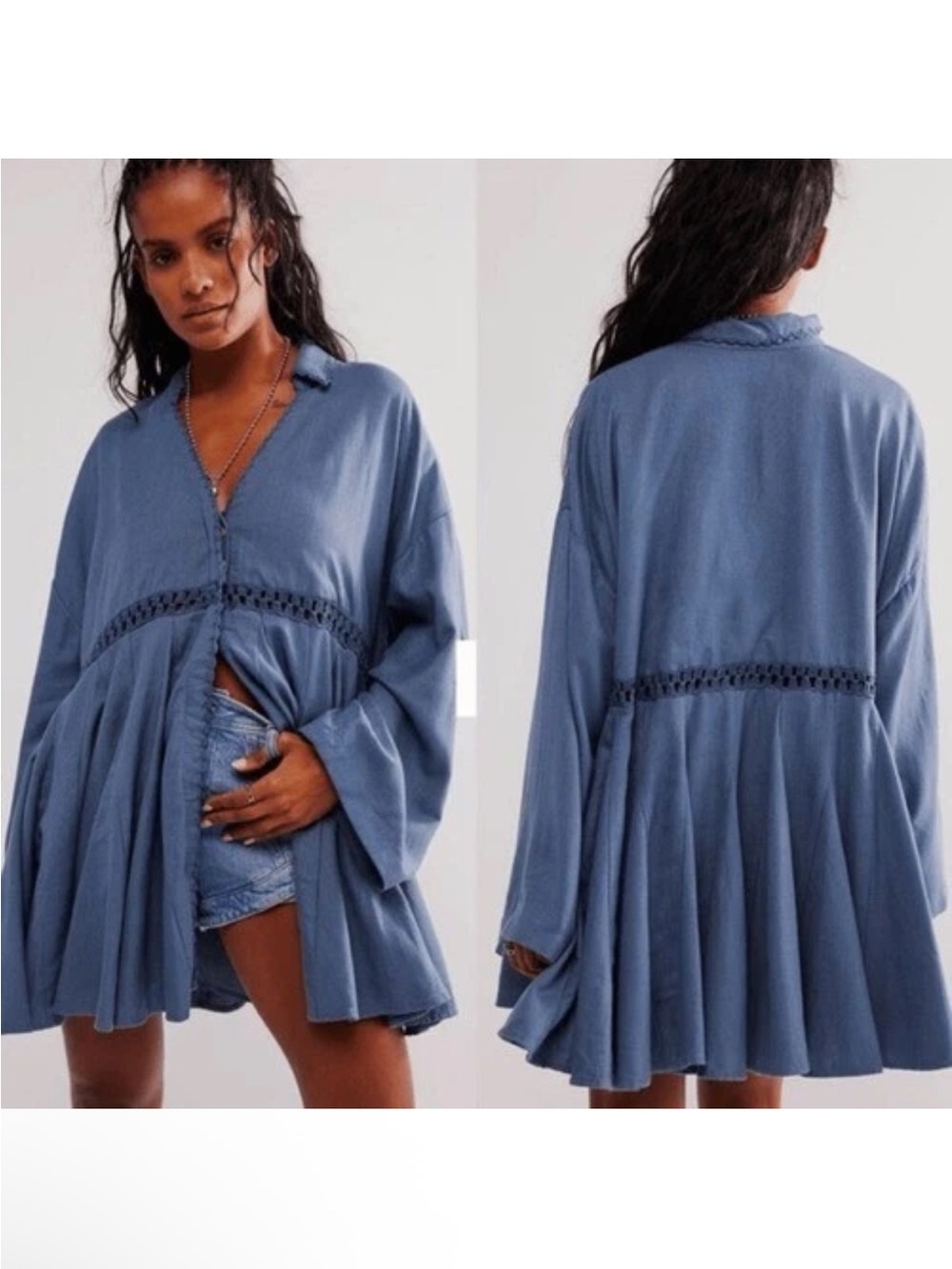 Free People Hazy Baby Rayon Linen Crochet Lace Babydoll Dress small